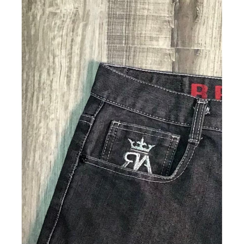 Red Ape Mens Black Denim Embroidered Jacket and Jeans 36x32 L Streetwear Hip Hop - Picture 9 of 16